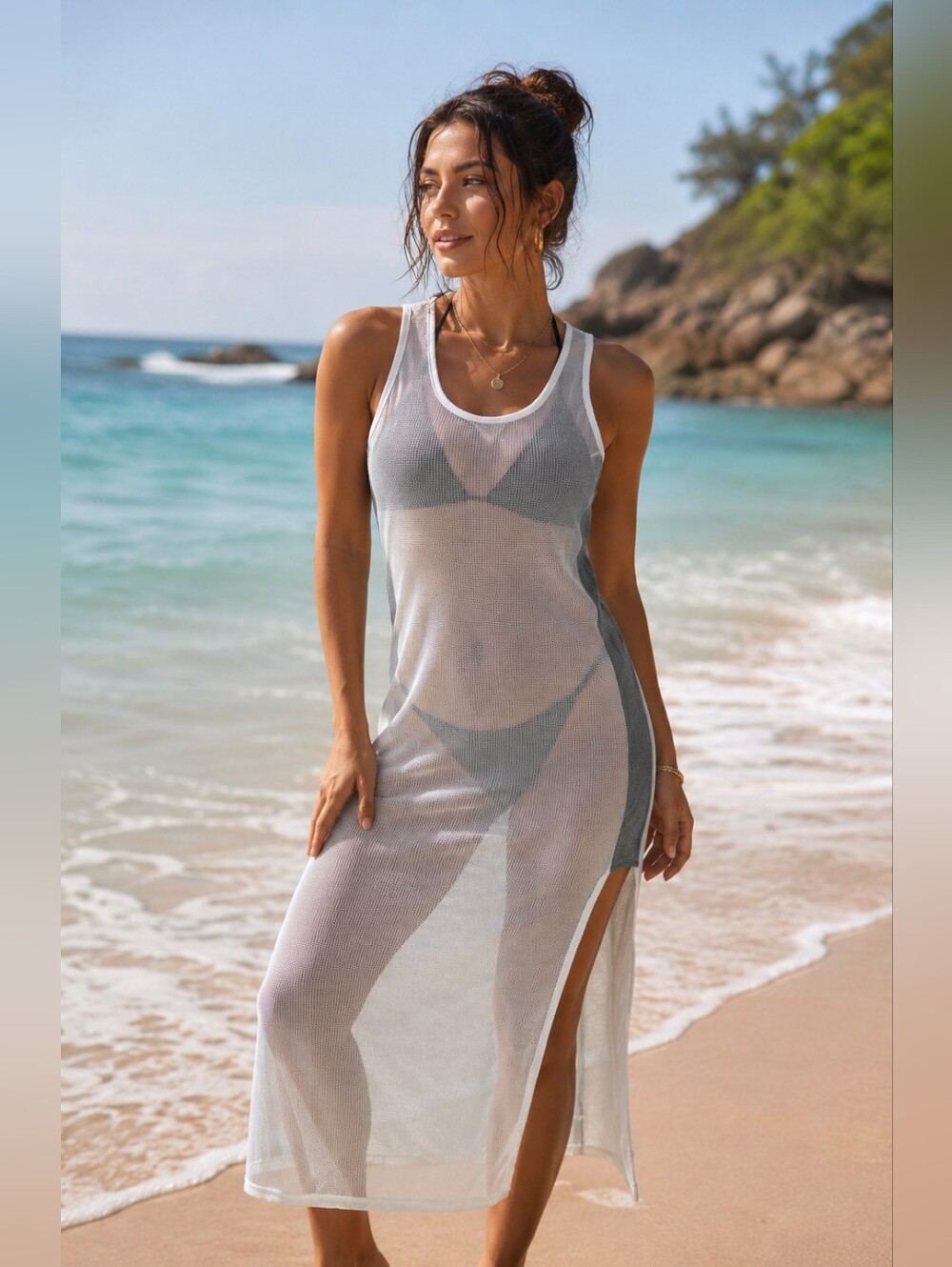 Clara Story Sheer White Mesh Beach Cover Up Maxi Dress S